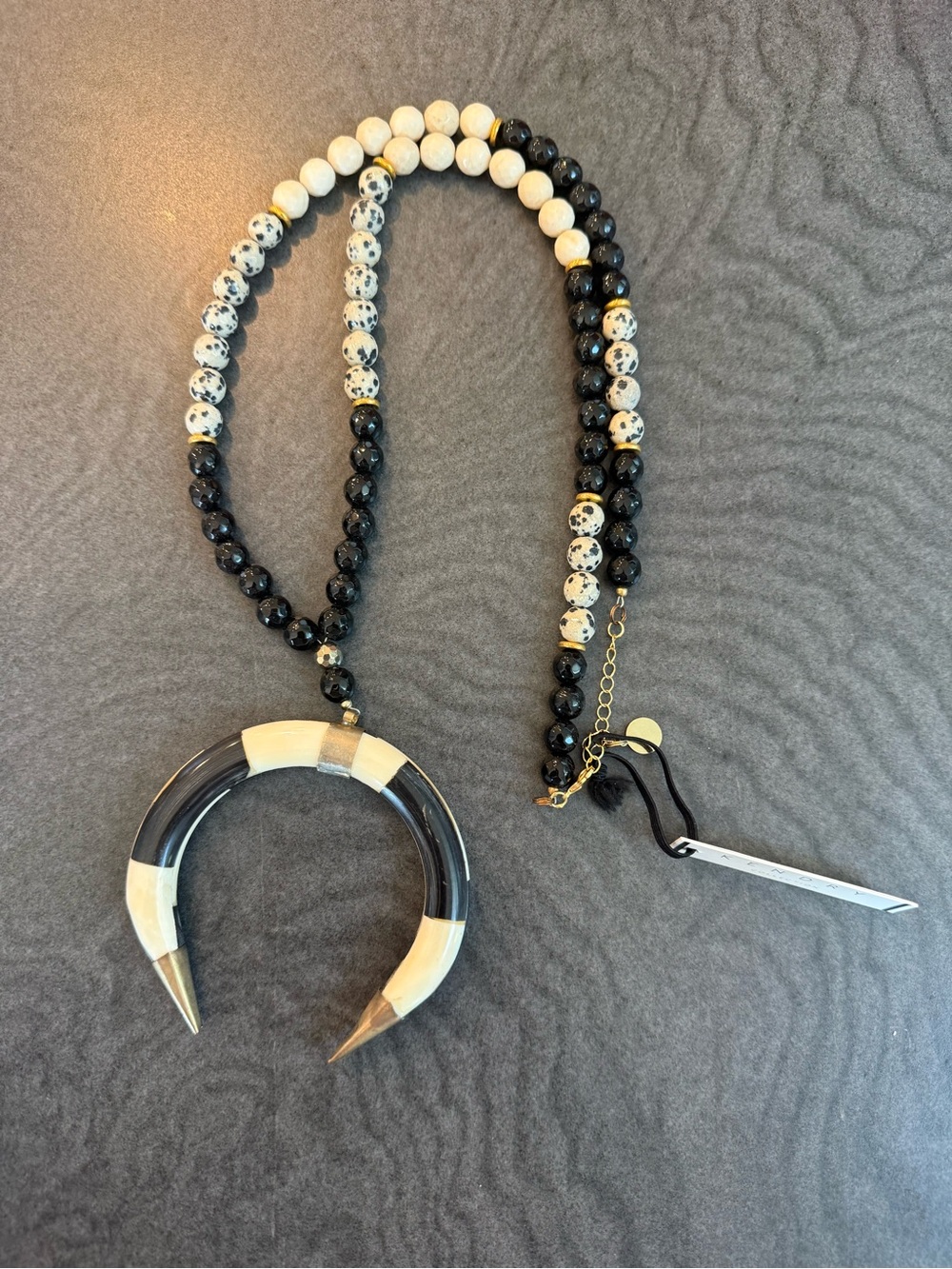 Black and Ivory Beaded Crescent Horn Necklace